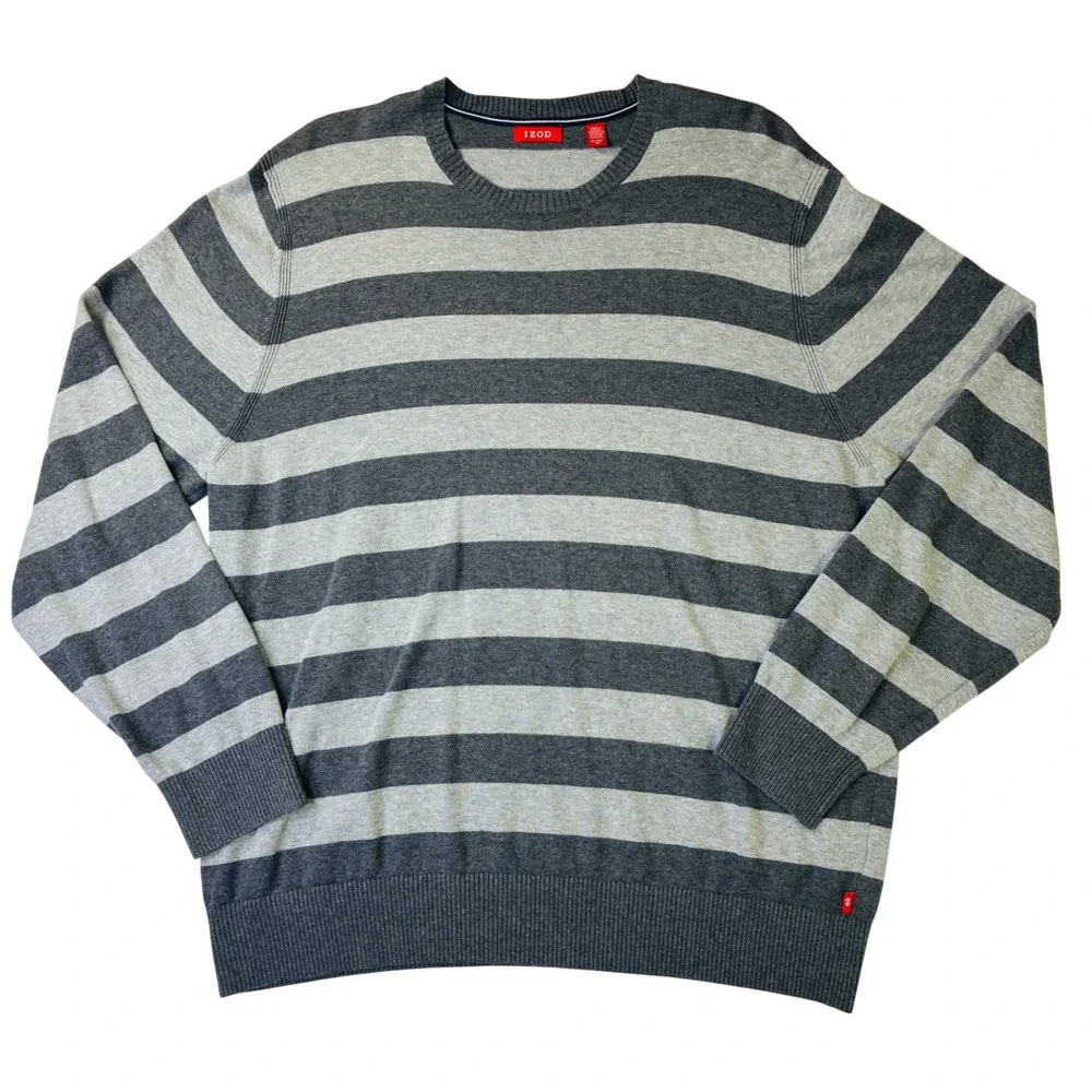IZOD Mens XL Gray Striped Crewneck Sweater Long Sleeve Knit Pullover Charcoal